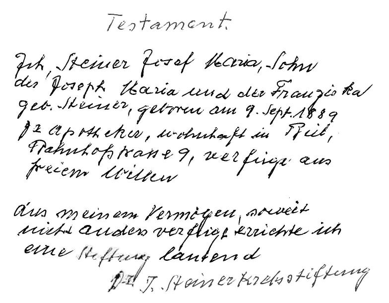 Handgeschriebenes Testament von Dr. Josef Steiner